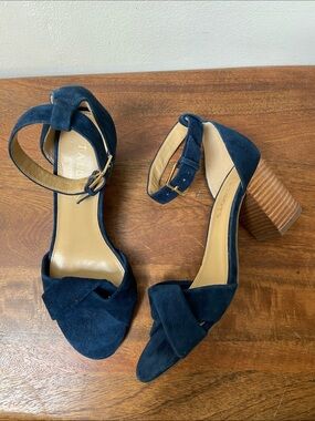 Talbots Navy Suede Block Heel Sandals with Ankle Strap